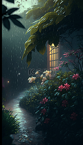 雨天自然背景图片_绿色植物鲜花灯光雨天的花园卡通背景