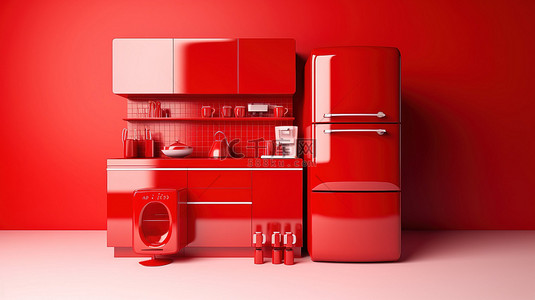 红色冰箱背景图片_背景为红色冰箱的厨房的单色红色 3d 图标