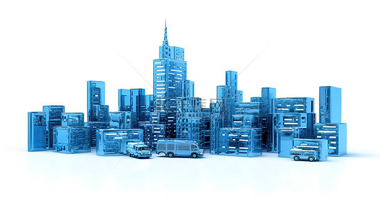 3d 渲染蓝色大城市交叉设置在白色背景下