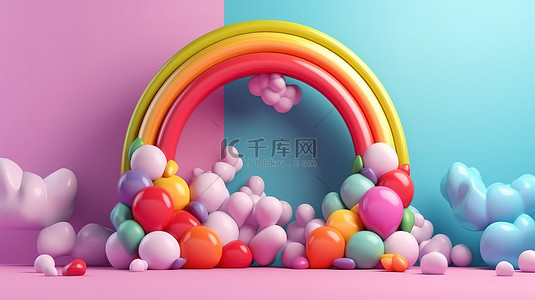 糖果气球背景图片_在 3D 渲染中带有糖果气球背景的异想天开的彩虹心形框架