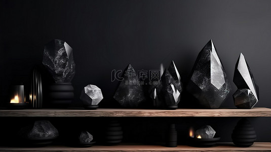 矿物岩石背景图片_在岩石形状背景下展示黑色几何石头和矿物产品的架子的 3D 渲染