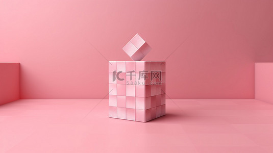粉红色背景，带有立方体和复选标记，强调清单概念充足的复制空间 3D 渲染