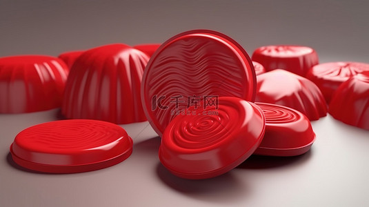 甜品浅色背景上塑料风格的单色实心红色 3D 甜点图标