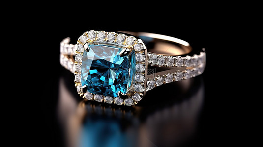 情人节金背景图片_3D 渲染孤立蓝色蓝宝石和钻石戒指