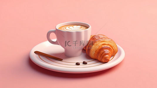 汉堡咖啡背景图片_3d 渲染咖啡杯和羊角面包，粉红色盘子上有汉堡包