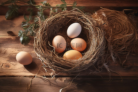 鸡蛋在质朴的木头上的巢里