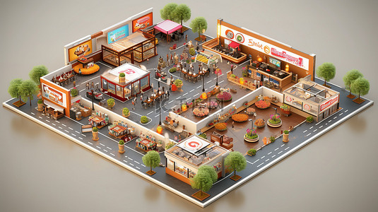 等距视图中美食广场的 3D 渲染