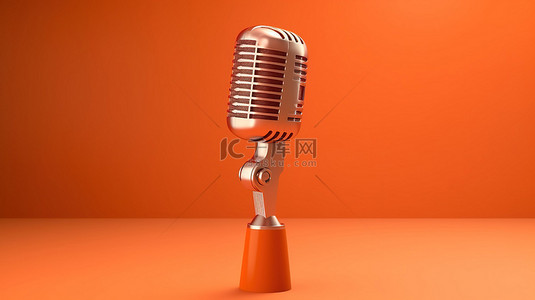 橙色x展架易拉宝背景图片_专业录音室 3D 渲染中的橙色单色基座麦克风