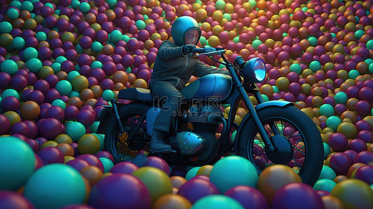 蓝色回顾性骑自行车的人，周围环绕着郁郁葱葱的绿色背景 3d 渲染的充满活力的球体