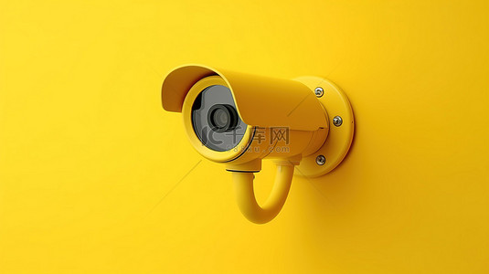 现代安全摄像头安装在黄墙上，背景简单，强调安全和保护 3D 渲染