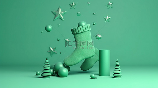 绿色背景上节日长袜的动态优雅 3D 插图，非常适合庆祝圣诞节