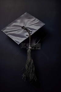 深色表面上的黑色毕业流苏和毕业帽