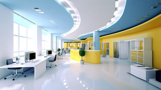 以白蓝黄色调为特色的当代办公空间极其逼真的 3D 可视化