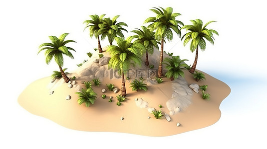 沙滩和海背景图片_3D 插图中的孤立棕榈树和热带海滩