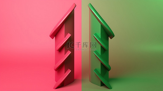 绿色上上升背景图片_粉红色背景上上升绿色箭头和下降红色箭头的 3d 渲染