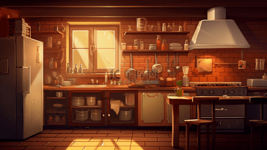 厨房橱柜厨具温馨卡通背景