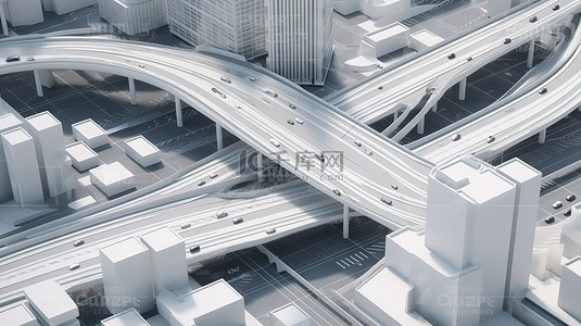 等距商业城市概念与令人惊叹的 3D 渲染中的高速公路
