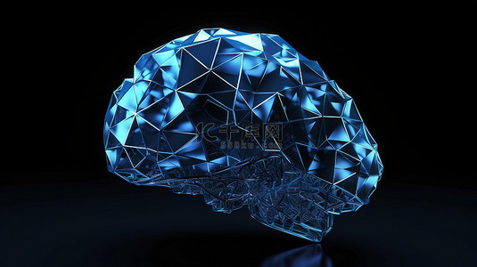深蓝色背景，闪亮的 3D 渲染多边形大脑呈蓝色色调