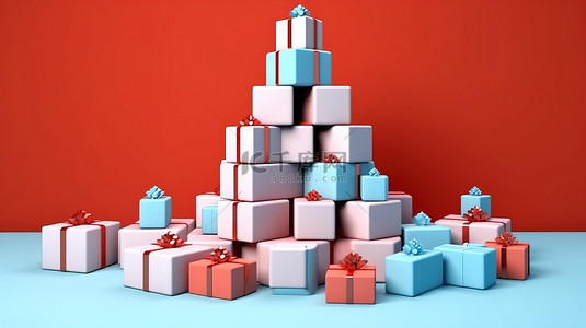 红色蓝色和白色圣诞礼物装饰着喜庆红色背景下的 3D 渲染圣诞树