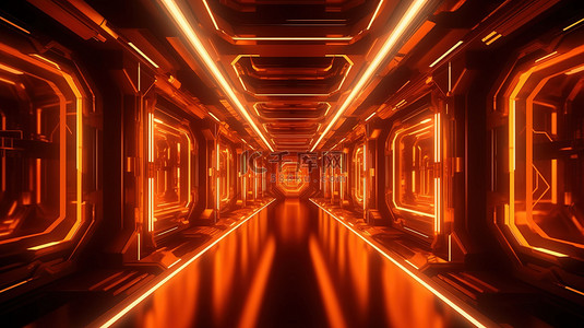 带有霓虹橙色发光 3d 渲染的科幻宇宙飞船走廊的插图