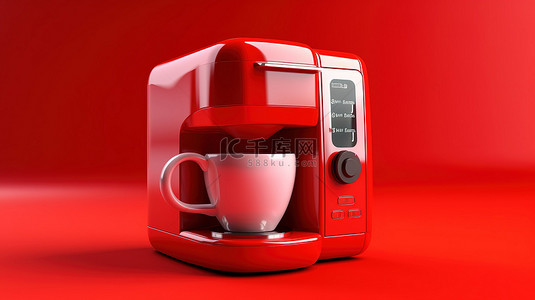 烹饪的图标背景图片_红色背景下红色微波炉咖啡机的单色 3D 图标
