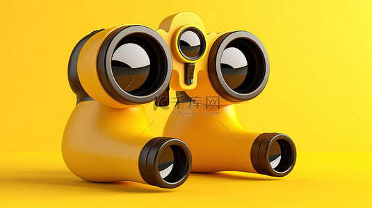 使用双筒望远镜在充满活力的黄色背景下可视化表情符号图标的社交媒体 3D 插图