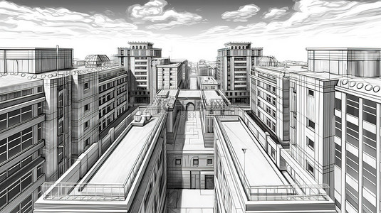 令人惊叹的城市景观中的当代建筑手绘线草图 3D 再现