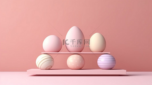 海报祝贺背景图片_简约的复活节彩蛋讲台在粉红色背景 3D 渲染上以柔和的颜色显示