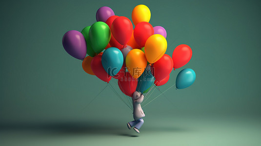 冒险的 3D 角色带着彩色气球花束翱翔