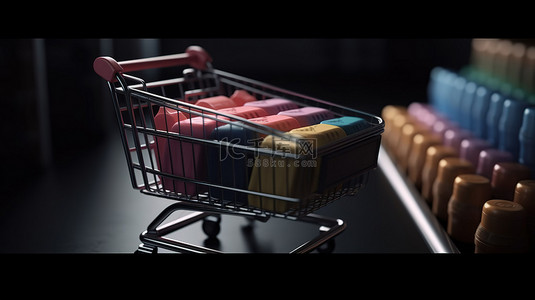 购物车中在线购物鞋袋和键盘的 3D 渲染，添加到购物车和在线支付概念