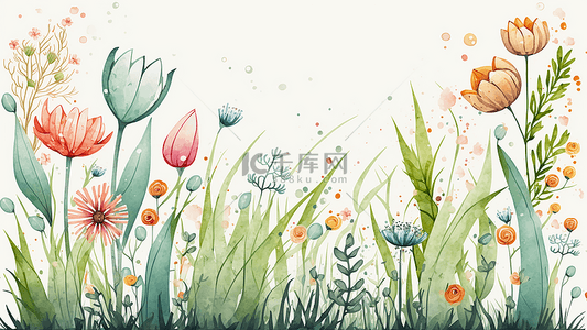 卡通可爱边框绿色背景图片_花卉多彩小花小草向上生长