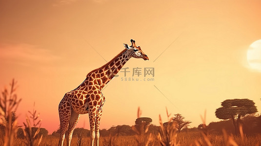 黎明城市背景图片_日落场景与 3D 渲染的长颈鹿