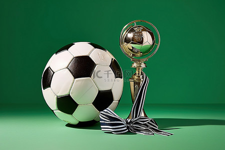 足球和奖牌坐落在绿色表面上