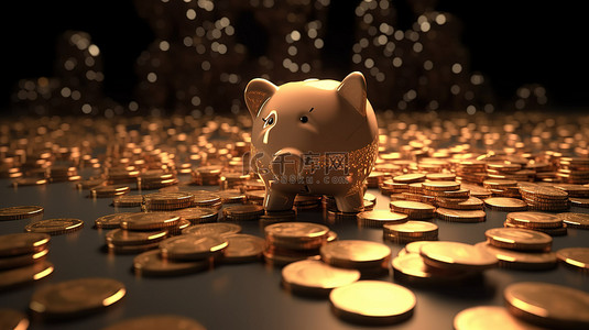 通过存钱罐硬币和金钱的 3d 渲染来象征储蓄的下降