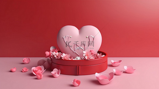 情人节模型心盒粉红玫瑰在红色礼品盒 3d 渲染
