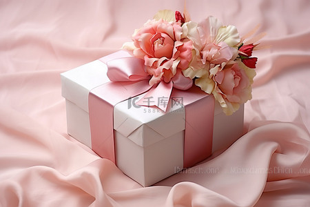白色花背景图片_带粉色花朵和蝴蝶结的白色盒子