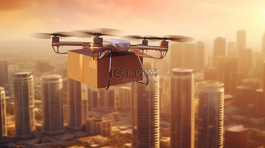 无人机将包裹运送到市中心的 3D 插图