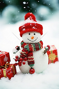 冰雪场景背景图片_雪人在冰雪覆盖的场景中带着圣诞礼物