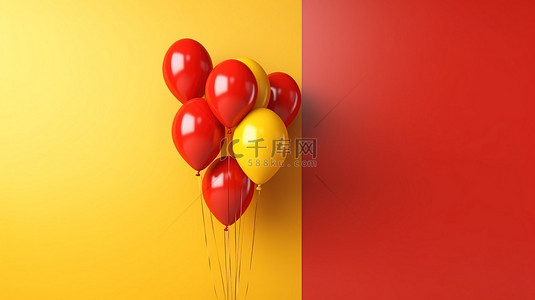 多个红色气球聚集在阳光明媚的黄色墙壁上的 3D 渲染