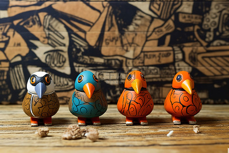 四个橙色橡皮鸭雕像坐在木板上