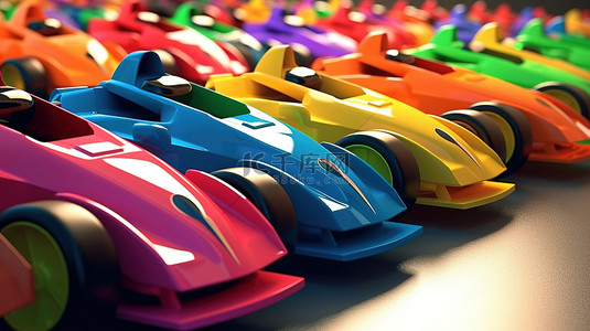 一场惊心动魄的汽车比赛的开始，特写赛车的 3D 插图