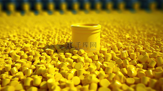 聚酮树脂背景图片_带有黄色塑料珠和树脂颗粒的石化聚合物托盘的 3D 插图