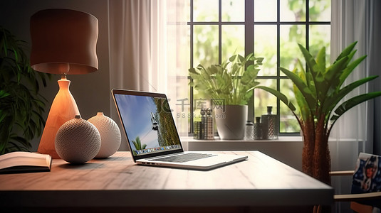 互联网背景图片_家庭室内桌子上放置的笔记本电脑的 3D 渲染