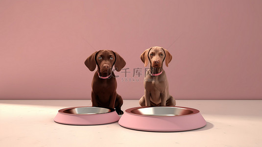 坐着的棕色狗和粉红色狗盘的 3D 渲染