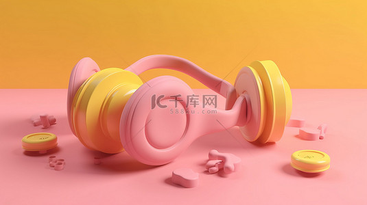 健身和音乐定义的黄色背景 3D 插图粉色耳机和哑铃完美的训练运动器材