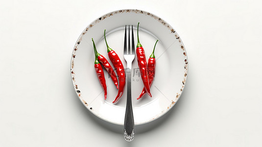 香料白色背景图片_3D 渲染的白色背景上带有红辣椒的盘子的顶部视图，并配有叉子和刀