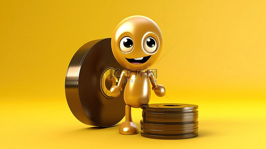 电影角色背景图片_黄色背景的 3D 渲染，带有金奖奖杯吉祥物人物角色和电影卷轴电影磁带