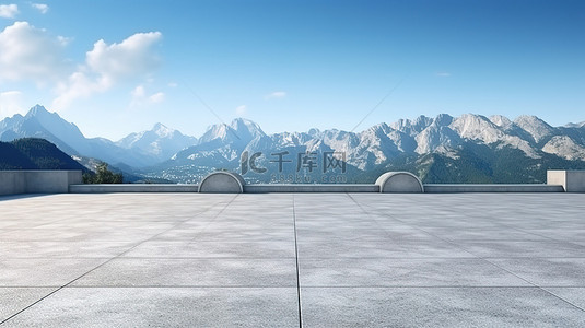 风景优美的 3D 渲染背景在停车场的空混凝土地板上欣赏壮观的山景和蓝天景观
