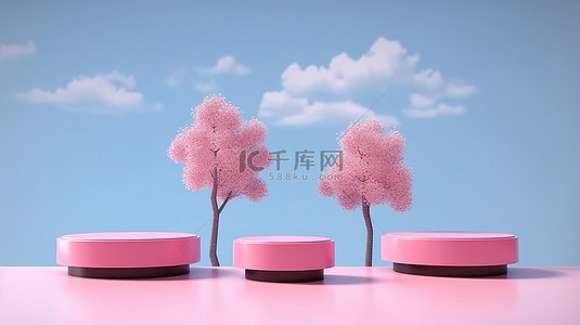 紫红色背景图片_紫红色展示平台，以风景秀丽的蓝天和树木丛生的背景为背景，用于展示 3D 产品