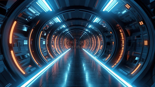 霓虹灯点亮的科幻隧道走廊，以令人惊叹的 3D 插图呈现想象中的太空时代世界